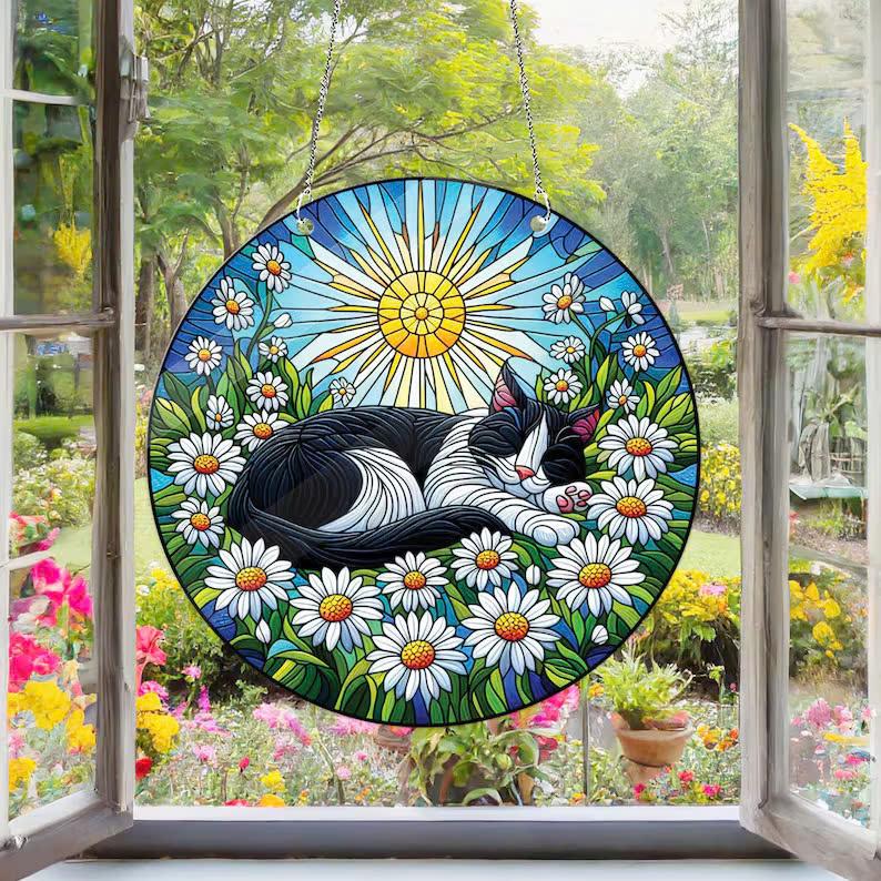 ACRYLIC Tuxedo cat sleep on daisy garden Window Hanging, Cat Decoration, Cat lovers gift, NOT SUNCATCHER, tuxedo cat mom gift