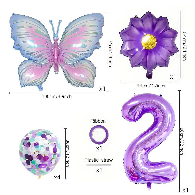 Butterfly Flower Theme Balloon Set, Including Butterfly Balloon*1, Flower Balloon*1, Number Balloon*1, Confetti Balloon*4, Ribbon*1, Balloon Straw*1, Birthday Party Decoration, Party Supplies