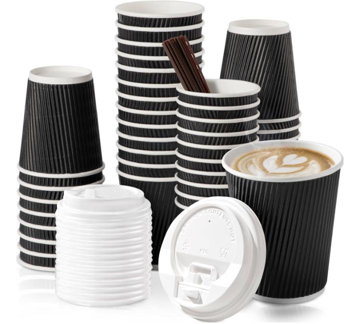 Fit Meal Prep [50 Pack 12 oz Insulated Ripple Triple Wall Paper Coffee Cups with White Lids, Premium Disposable, Black To Go Anti Slip for Hot Beverages, Travel, Home, Office Visit the Fit Meal Prep Store