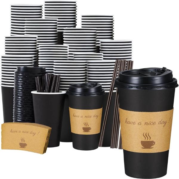 16 OZ 50 Pack Coffee Cups, 16 Ounce To Go Cups with Lids, Stir Sticks and Sleeves, 16 Ounce Disposable Coffee Cups, 16 Ounce Black Hot Paper Cups for Home, Travel, Office