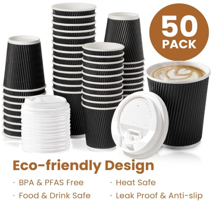 Fit Meal Prep [50 Pack 12 oz Insulated Ripple Triple Wall Paper Coffee Cups with White Lids, Premium Disposable, Black To Go Anti Slip for Hot Beverages, Travel, Home, Office Visit the Fit Meal Prep Store