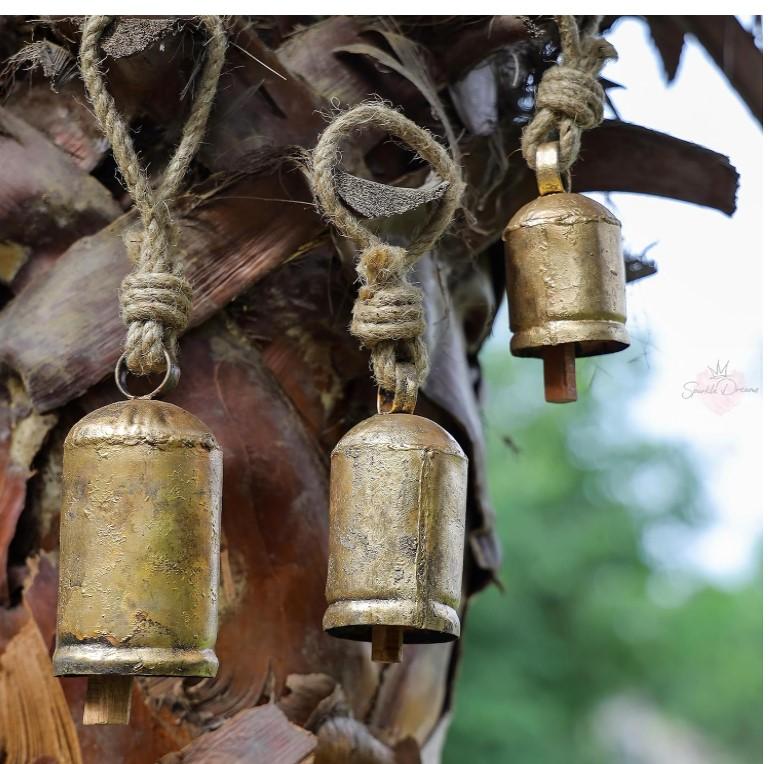 Shabby Chic 3 Bells Made of Tin Vintage Rustic Cow Bells for Crafts Christmas Tree Jingle Hanging Bells (3 Different Size)