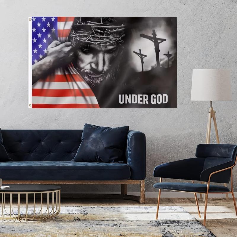 Under God Pattern Flag, American Flag with Grommets for Room Decor, Outdoor Decorative Flag for Home Party Festival, School Supplies