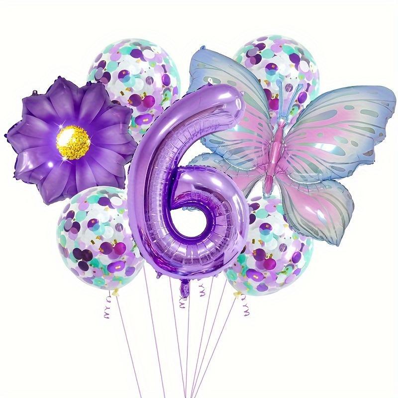 Butterfly Flower Theme Balloon Set, Including Butterfly Balloon*1, Flower Balloon*1, Number Balloon*1, Confetti Balloon*4, Ribbon*1, Balloon Straw*1, Birthday Party Decoration, Party Supplies