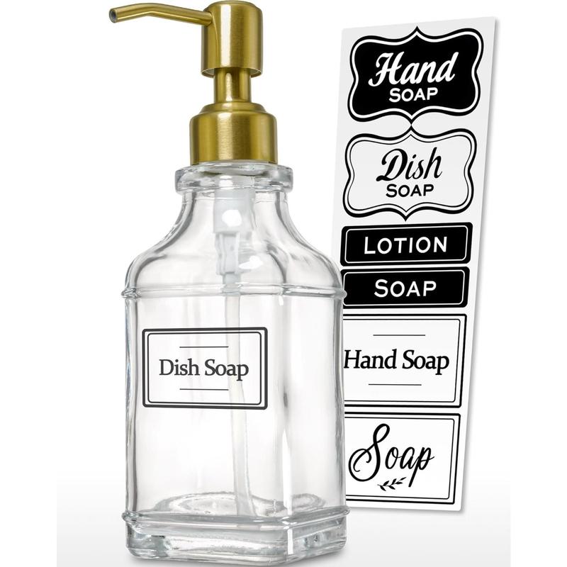 Antique Square Glass Soap Dispenser with Golden Rust Proof Pump, Refillable Soap Dispenser with 10Pcs Stickers for Kitchen, Dish Soap Dispenser for Kitchen Bathroom Soap, Hand soap, Lotion.