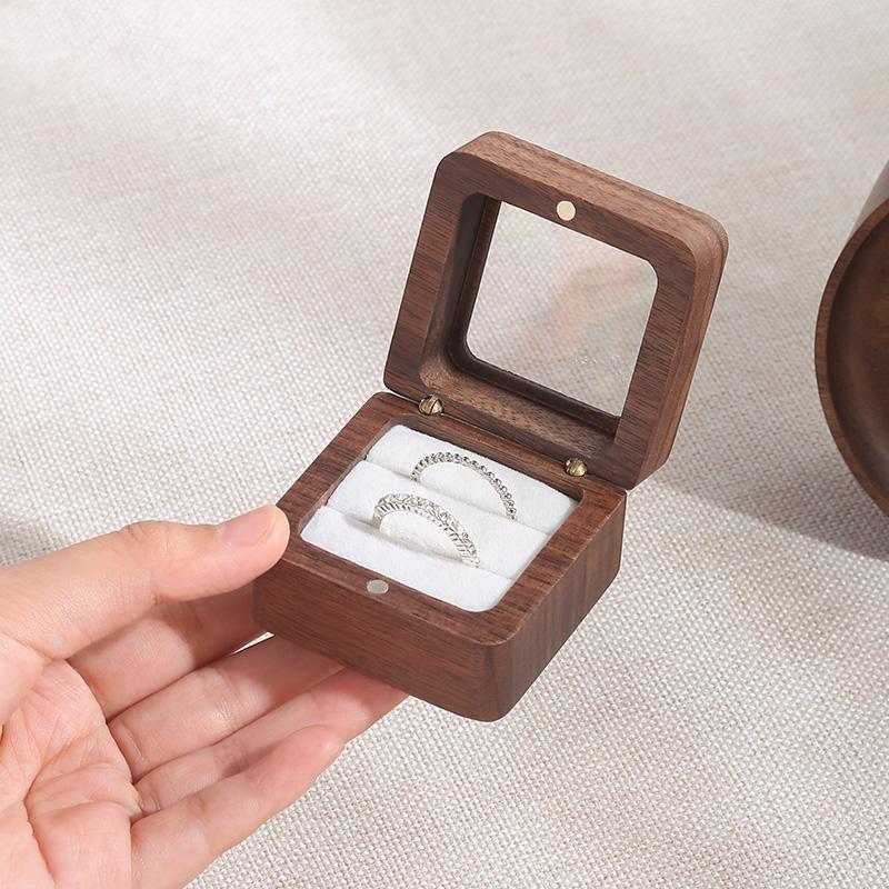 Wooden Ring Box with Double Slot, 1 Count Mini Engagement Ring Holder Box with Clear Lid, Jewelry Storage Box for Wedding Ceremony Proposal