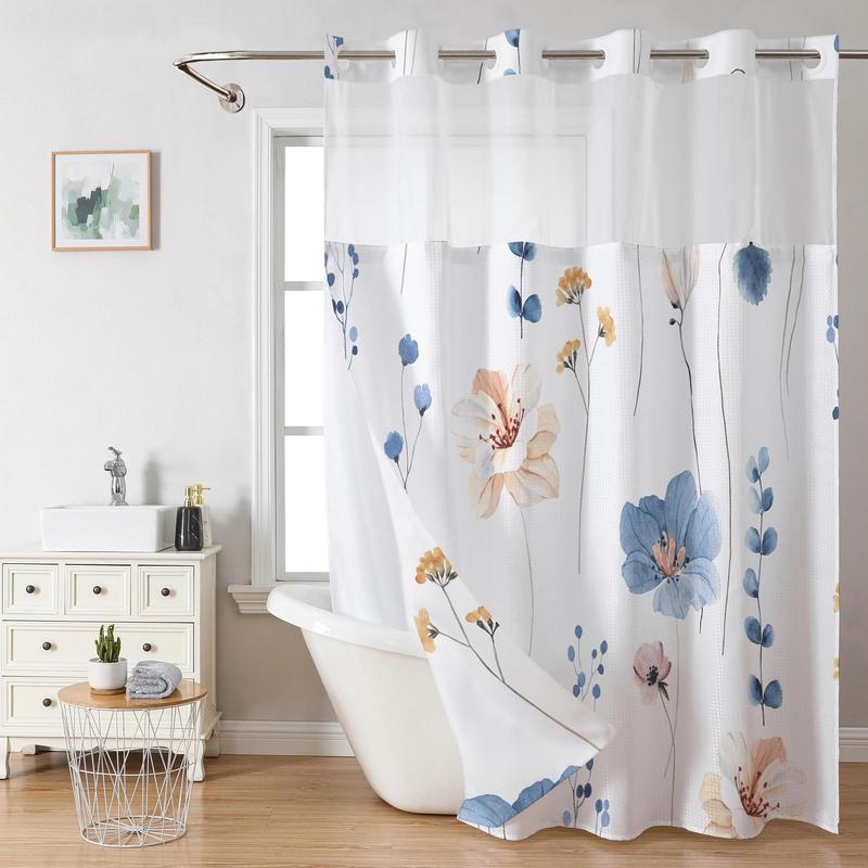 Floral Pattern Shower Curtain, 1 Count Waterproof Bathroom Curtain with Snap in Liner, Bathroom Decor Supplies for Home Hotel Salon Dormitory