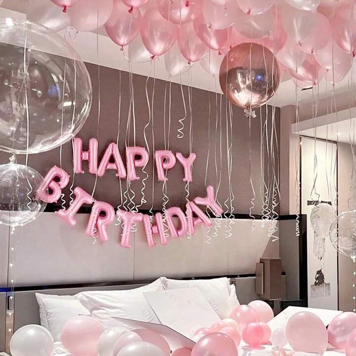 59pcs Pink Birthday Party Decoration Set Including Happy Birthday Banner, Latex Balloons, 4D Round Foil Balloons With Glue Dots, And White Ribbon