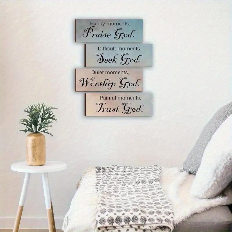 Christian Wall Decor, 4 Counts set Letter Pattern Wooden Wall Hanging Decor, Wall Decor for Home Bedroom & Bathroom & Living Room