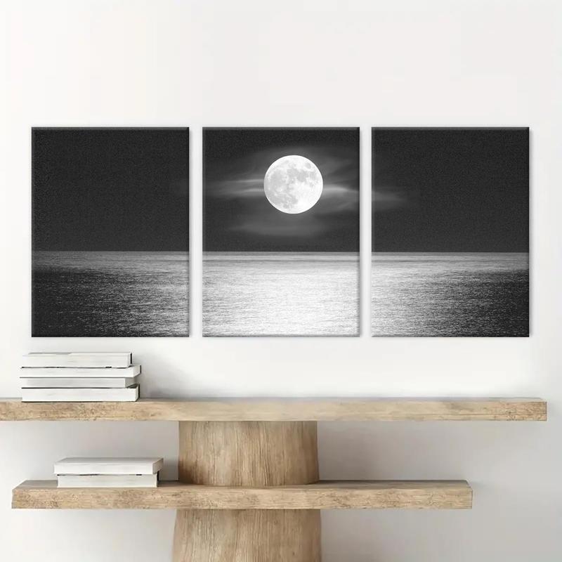 Wooden Framed Canvas Painting, 3 Counts set Natural Moonlight Scenery Canvas Poster,  Modern Wall Art for  Home Office Dormitory Coffee Shop