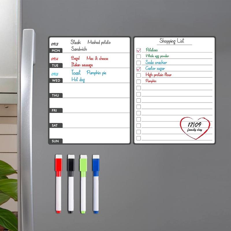 Refrigerator Magnetic Menu Calendar Set, 1 Set Including Grocery List & Weekly Meal Planner Whiteboard & 4 Counts Pen, Kitchen Refrigerator Planner