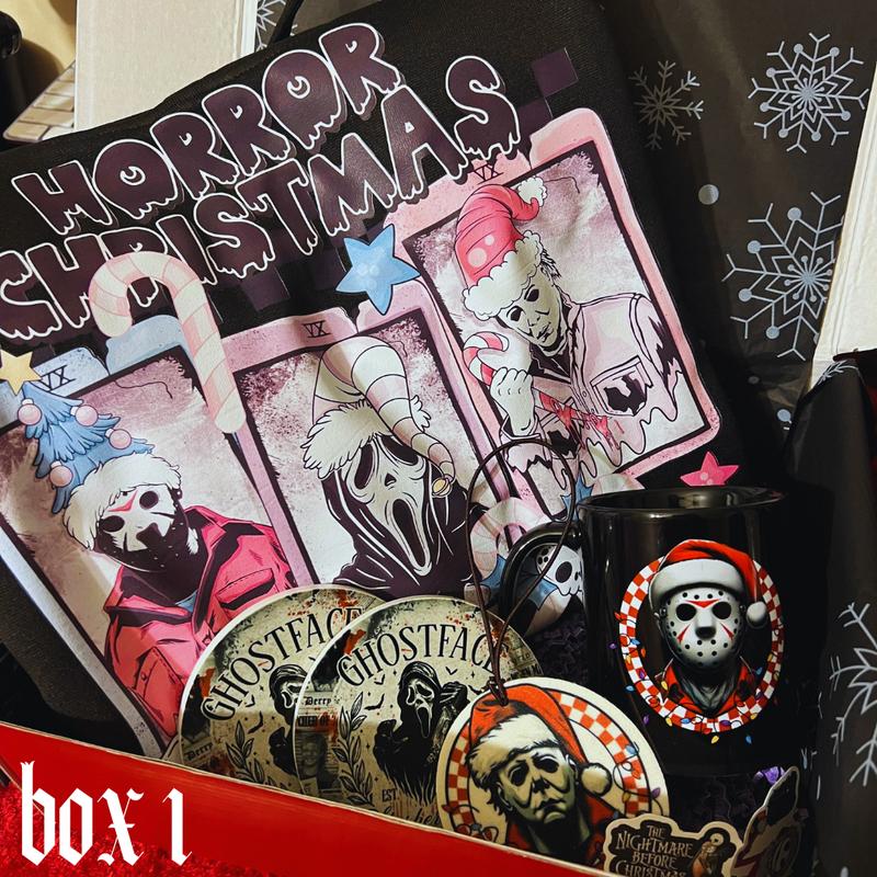 Creepmas box | mystery christmas box | hoodie sweatshirt tshirt | horror christmas spooky santa ghost | spooky christmas gift box | glass cup glass mug coffee mug travel mug tote bag cup coaster car freshener