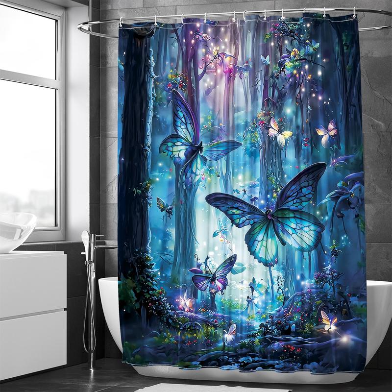 Butterfly & Forest Pattern Bath Curtain, 1 Count Waterproof Shower Curtain with 12pcs Hooks & 1 Count Random Color Strap, Bathroom Decor Supplies for Home Hotel