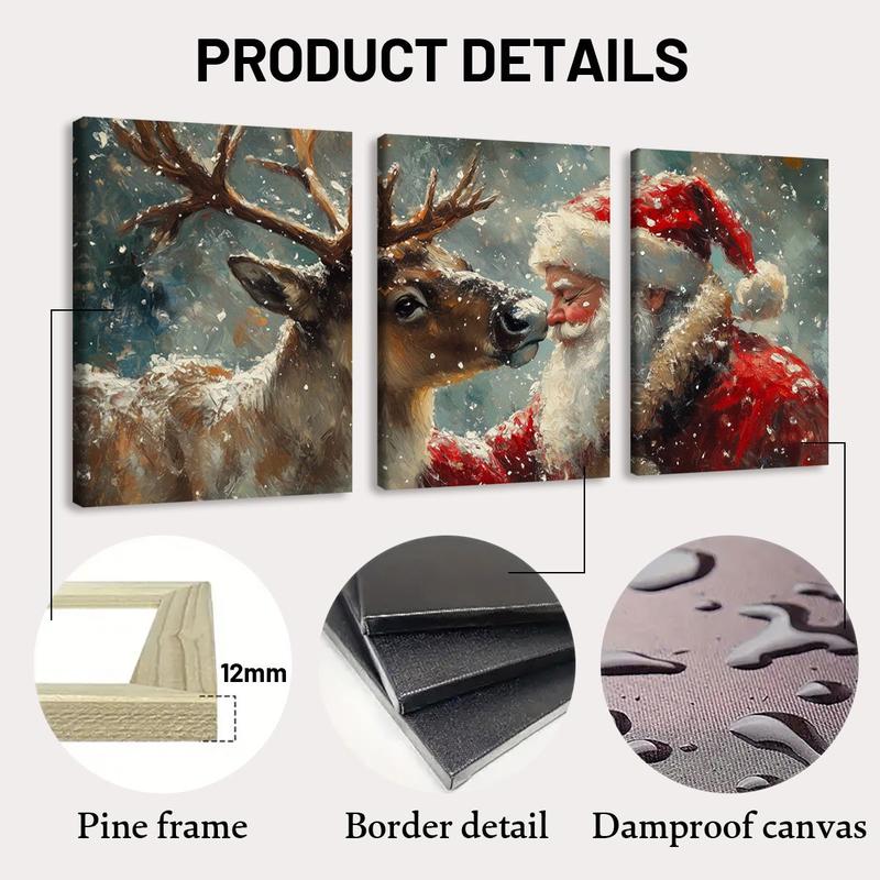 Christmas Wooden Framed Canvas Painting, 3 Counts set Vintage Santa Claus & Deer Pattern Wall Art, Wall Decor for Home Living Room Bedroom Office