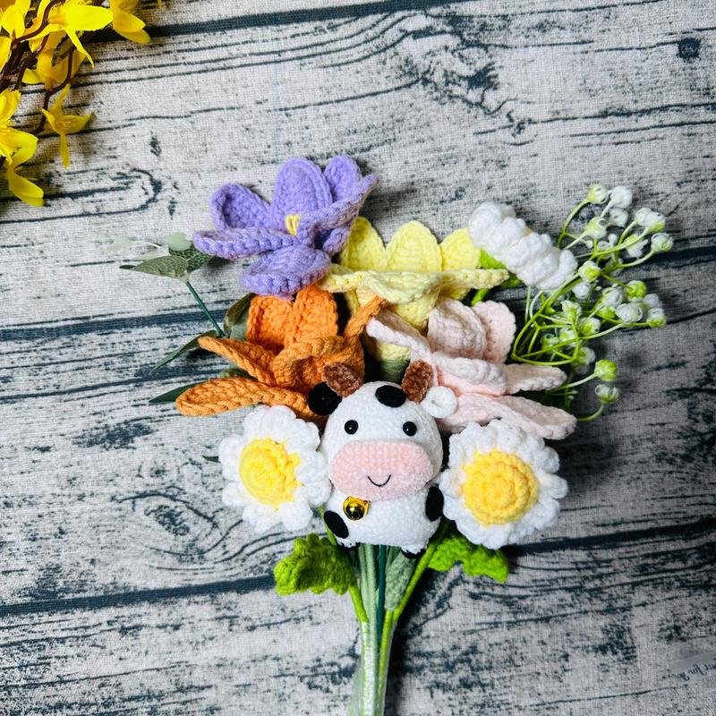 Room Decor Cute Cow & Tulip Design Crochet Flower Bouquet for Room Decor, 1 Count Crochet Decorative Flower, Fake Plants Bouquet for Home Party, Gifts for Her, Summer Gift Ideas, Bedroom Decor