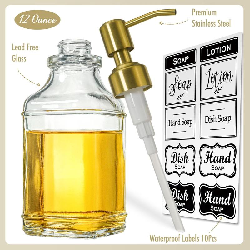 Antique Square Glass Soap Dispenser with Golden Rust Proof Pump, Refillable Soap Dispenser with 10Pcs Stickers for Kitchen, Dish Soap Dispenser for Kitchen Bathroom Soap, Hand soap, Lotion.