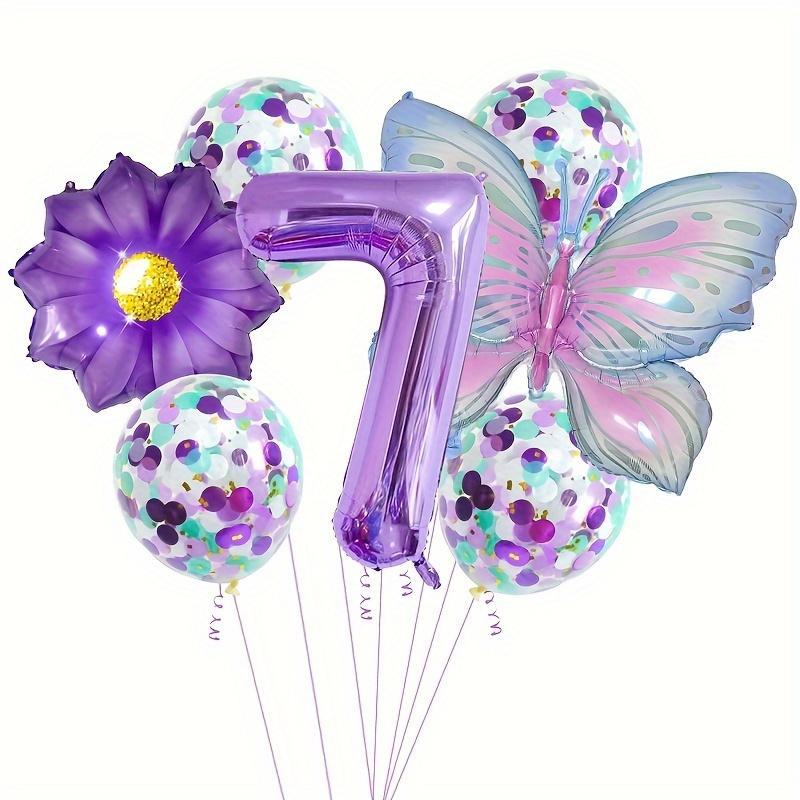 Butterfly Flower Theme Balloon Set, Including Butterfly Balloon*1, Flower Balloon*1, Number Balloon*1, Confetti Balloon*4, Ribbon*1, Balloon Straw*1, Birthday Party Decoration, Party Supplies