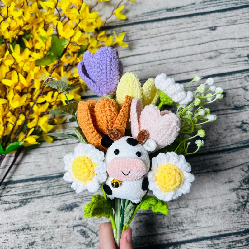 Room Decor Cute Cow & Tulip Design Crochet Flower Bouquet for Room Decor, 1 Count Crochet Decorative Flower, Fake Plants Bouquet for Home Party, Gifts for Her, Summer Gift Ideas, Bedroom Decor