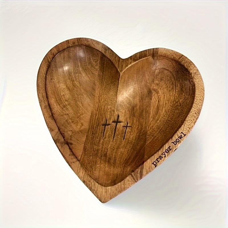 1pc Vintage Wooden Heart-Shaped Prayer Bowl with Engraved Cross & 