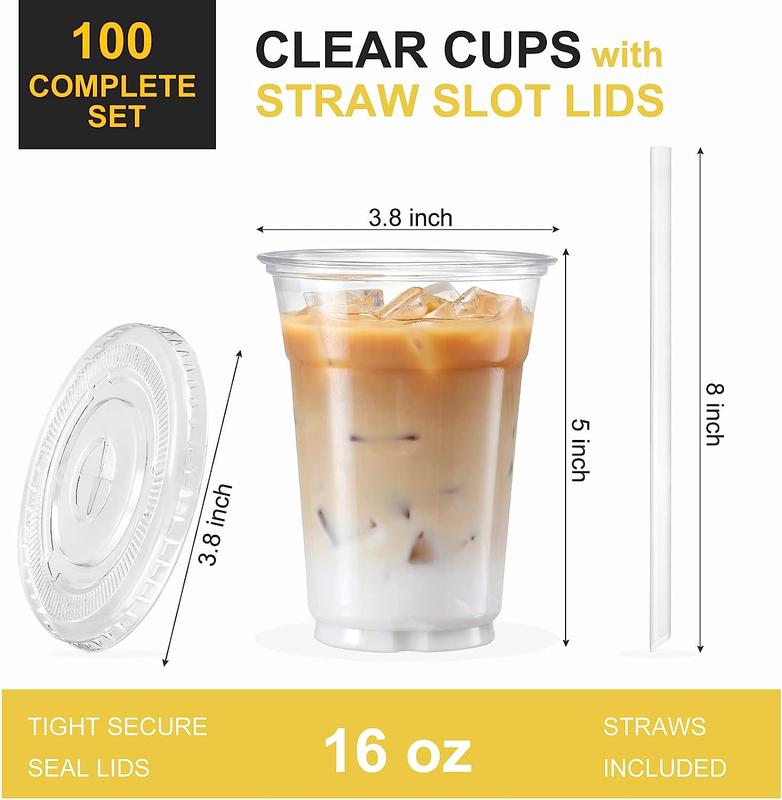 [Limited time deal] 100 Sets - 16oz Plastic Cups with Lids and Straws, Disposable Cups for Iced Coffee, Smoothie, Milkshake, Cold Drinks - Clear