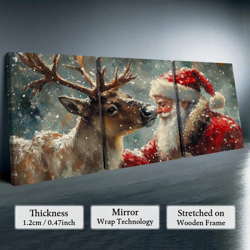 Christmas Wooden Framed Canvas Painting, 3 Counts set Vintage Santa Claus & Deer Pattern Wall Art, Wall Decor for Home Living Room Bedroom Office