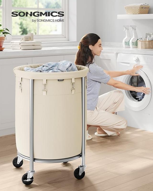 SONGMICS HOME Laundry Basket with Wheels, Rolling Laundry Hamper, Round Laundry Cart with Steel Frame and Removable Bag, 4 Casters and 2 Brakes Organiser