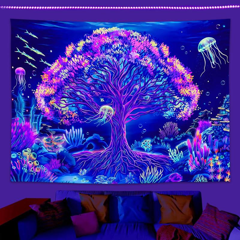 Underwater World Tree Of Life Pattern Tapestry, 1 Count Colorful UV Reaction Fluorescent Plant Tapestry, Wall Hanging for Bedroom Living Room Gallery Office Dormitory