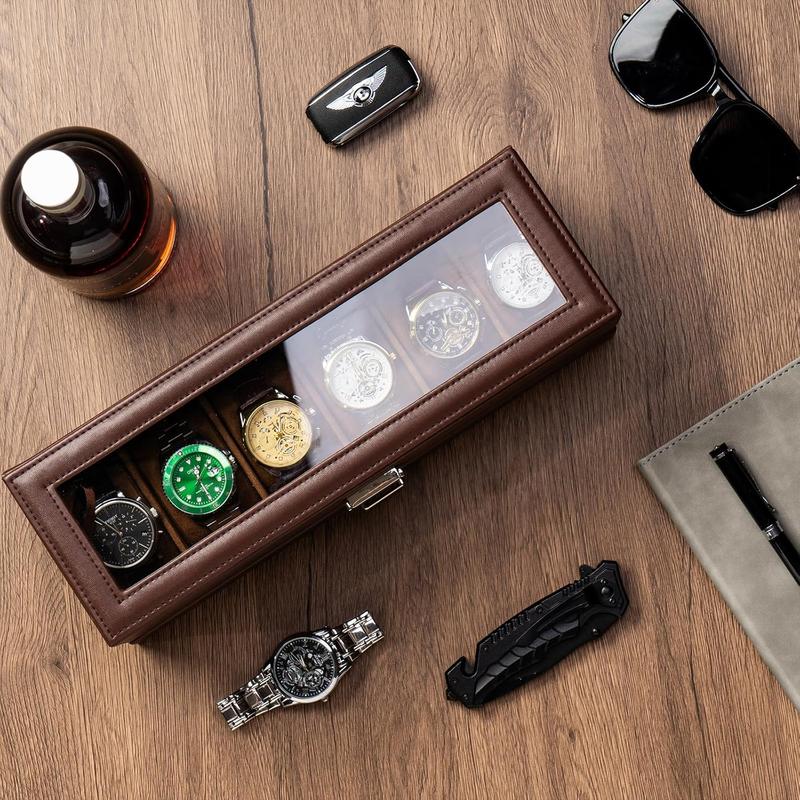 Watch Box for Men, 6 Slot Watch Display Case with Drawer, Mens Watch Case With Glass Lid, 2-Layer  and Watch Storage Watch Holder Organizer for Men Women -6 Slot, Espresso