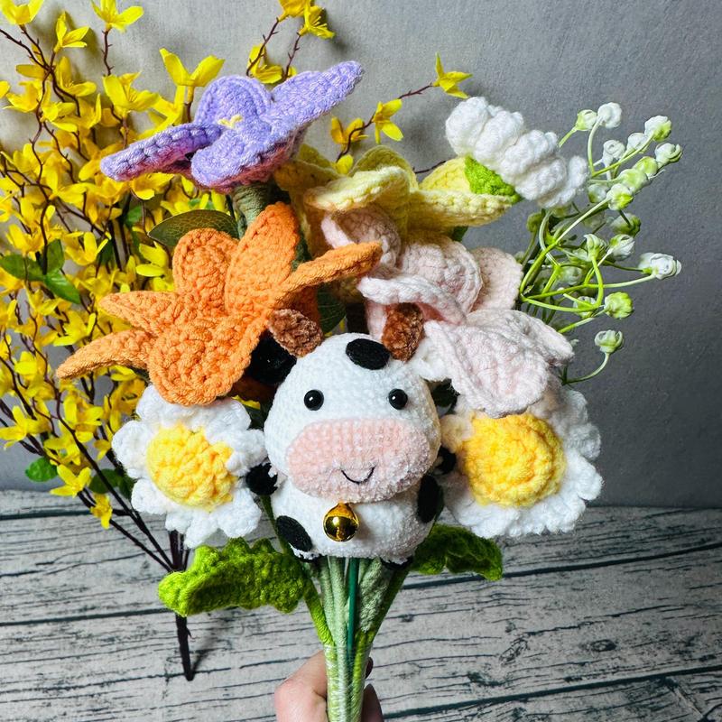 Room Decor Cute Cow & Tulip Design Crochet Flower Bouquet for Room Decor, 1 Count Crochet Decorative Flower, Fake Plants Bouquet for Home Party, Gifts for Her, Summer Gift Ideas, Bedroom Decor