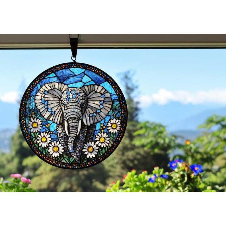 Acrylic Elephant Suncatcher Hanging Decor, Faux Stained Glass Ornament, Perfect Gift for Moms, Nature Enthusiasts Floral Elephant Decor