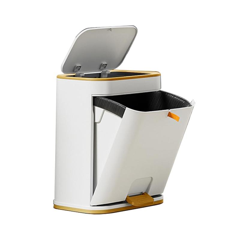 Bathroom Trash Can with Lid, Plastic 3 Gallon Garbage can with Press top Lid, Gold Step Pedal Trash can, Narrow White Trash bin for Kitchen, Bathroom, Bedroom, Living Room, Office, Dog Proof Trash Can automatic garbagecan