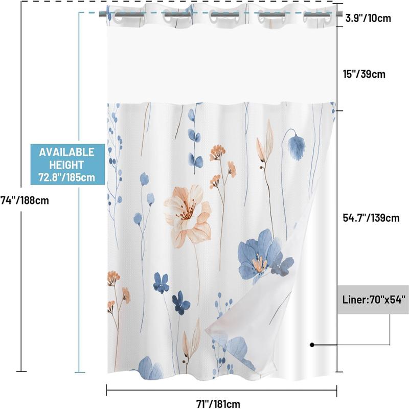 Floral Pattern Shower Curtain, 1 Count Waterproof Bathroom Curtain with Snap in Liner, Bathroom Decor Supplies for Home Hotel Salon Dormitory