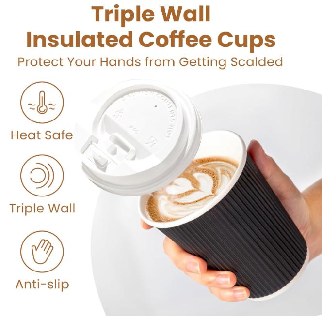 Fit Meal Prep [50 Pack 12 oz Insulated Ripple Triple Wall Paper Coffee Cups with White Lids, Premium Disposable, Black To Go Anti Slip for Hot Beverages, Travel, Home, Office Visit the Fit Meal Prep Store