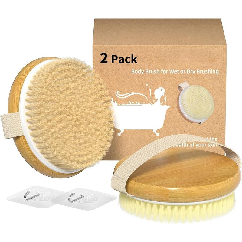 2 Pack Bamboo Dry Body Brushes, Shower Brush Wet and Dry Brushing, Dry Brush for Cellulite and Lymphatic, Body Scrubber with Soft and Stiff Bristles, Suitable for All Kinds of Skin