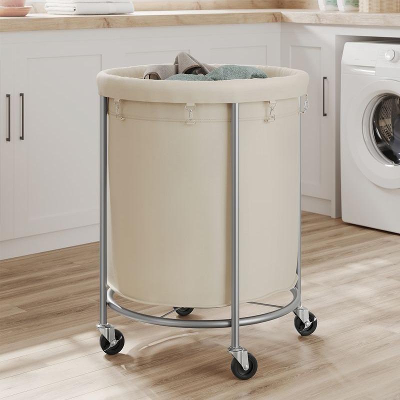 SONGMICS HOME Laundry Basket with Wheels, Rolling Laundry Hamper, Round Laundry Cart with Steel Frame and Removable Bag, 4 Casters and 2 Brakes Organiser