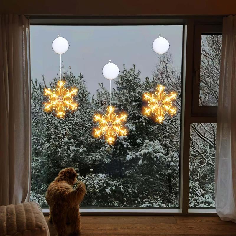 Christmas Snowflake Design Suction Cup Light, 3 Counts set Battery Powered LED String Light, Decorative Light for Home Party Festival, Home Decor, Battery Not Included