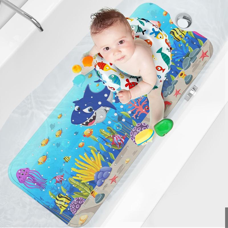 Bath Mat for Tub, Extra Long Bath Mat for Tub Non Slip, Soft 40 X 16 Inchs Kids Bathtub Mat Bath Mat, Shower Mat with Suction Cups, Machine Washable, Shark