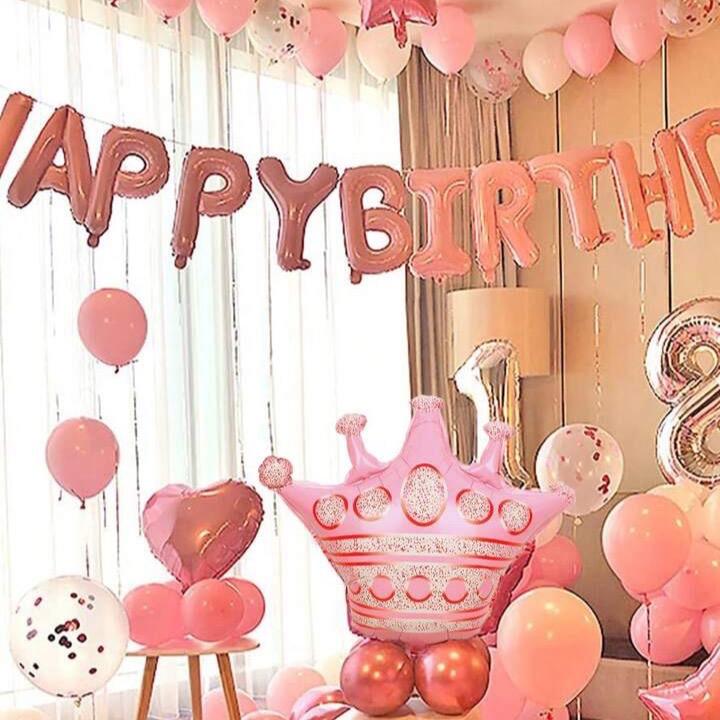 59pcs Pink Birthday Party Decoration Set Including Happy Birthday Banner, Latex Balloons, 4D Round Foil Balloons With Glue Dots, And White Ribbon