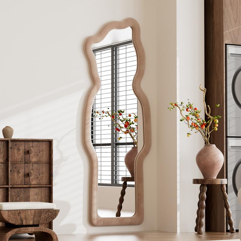 Easly 63 in. H x  24 in. W Irregular Full Length Mirror With Bear Shaped Flannel Frame Wall Mirror Floor Mirror