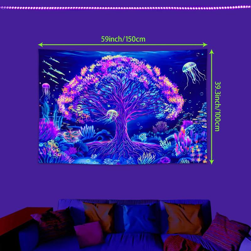 Underwater World Tree Of Life Pattern Tapestry, 1 Count Colorful UV Reaction Fluorescent Plant Tapestry, Wall Hanging for Bedroom Living Room Gallery Office Dormitory