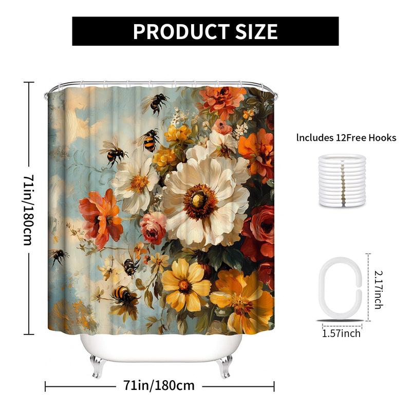 Floral Pattern Shower Curtain, 1 Count Colorful Waterproof Botanical Print Shower Curtain with 12 Hooks, Bathroom Decor Supplies for Home Hotel