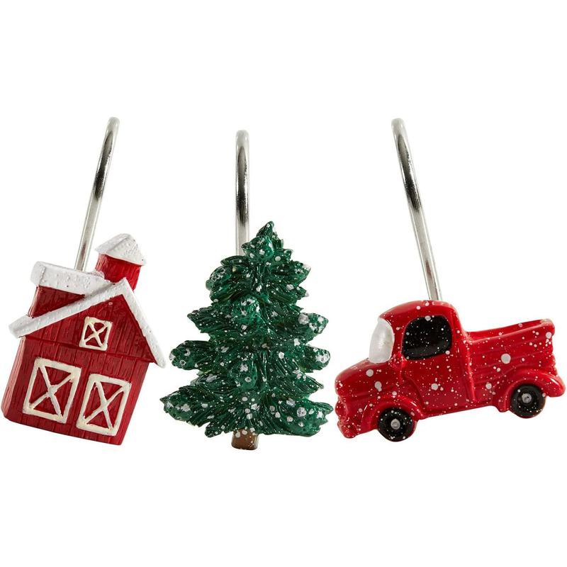 Farmhouse Vintage Christmas Shower Curtain Hooks Rings, Christmas Tree Red Truck Rustic Cabin Decorative Xmas Winter Holiday Shower Curtain Hooks Bathroom Decoration Accessories Rustproof