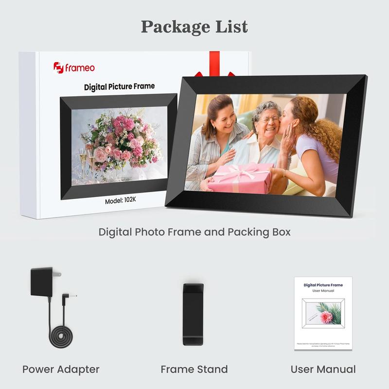 Christmas Gift Frameo WiFi Digital Photo Frame, Real-time Video Photo Sharing, 10.1-inch HD IPS Smart Touch Screen Photo Frame, Support 32GB Memory and Cloud Album, Automatic Rotation or Wall Hanging, Creative Birthday Gift, Cyber ​​Monday