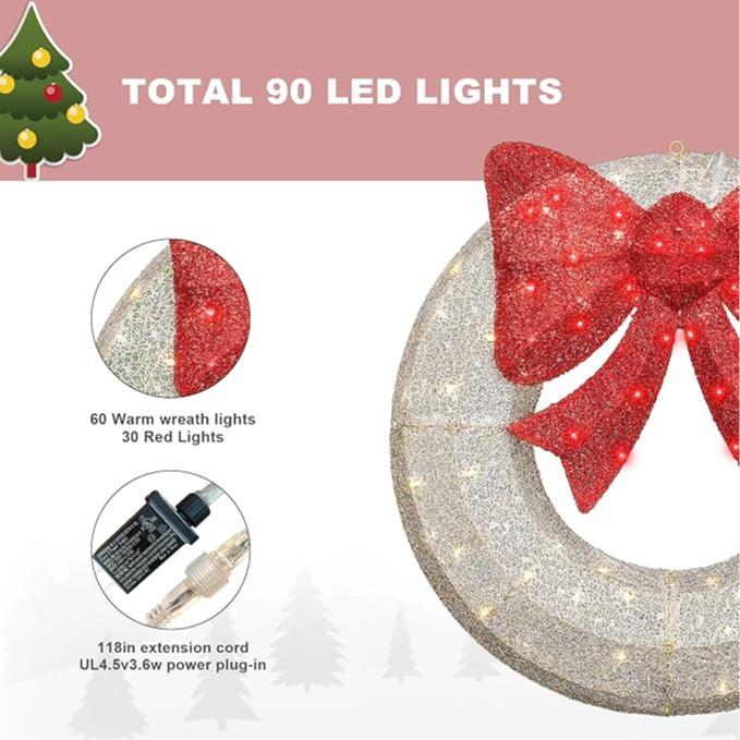 DKLGG 35in Lighted Outdoor Christmas Wreath Decoration,90 LED Lights & Large Red Bow, Front Door Lighted Ornaments