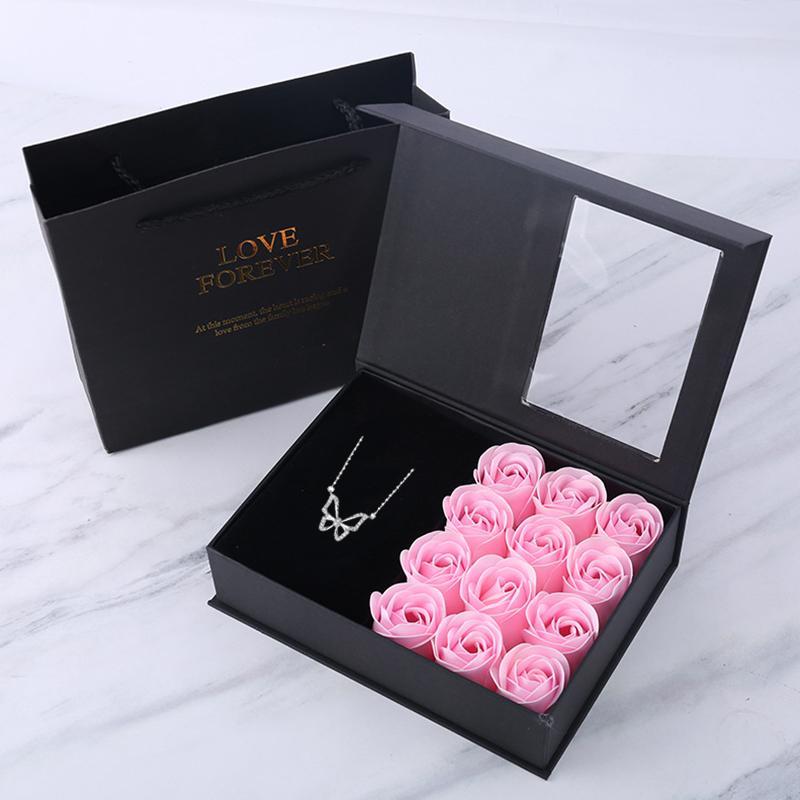 Room Decor Artificial Flower Decorative Gift Box Set, 1 Set Fake Flower & Necklace & Gift Box, Home Decor Supplies for Wedding Anniversary Birthday, Gift for Girlfriend Wife Mom, Bedroom Decor, Fall Decor