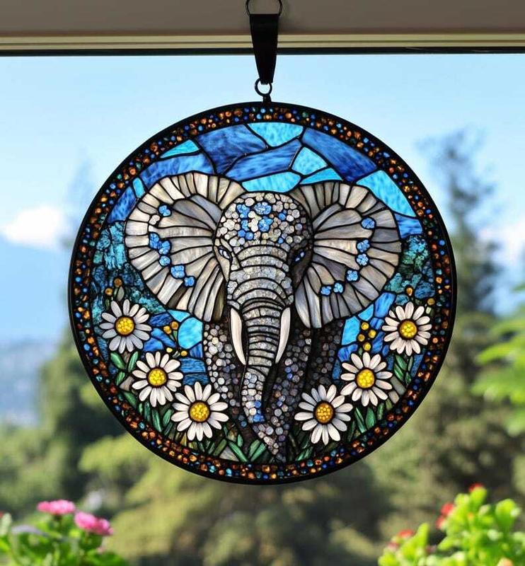 Acrylic Elephant Suncatcher Hanging Decor, Faux Stained Glass Ornament, Perfect Gift for Moms, Nature Enthusiasts Floral Elephant Decor