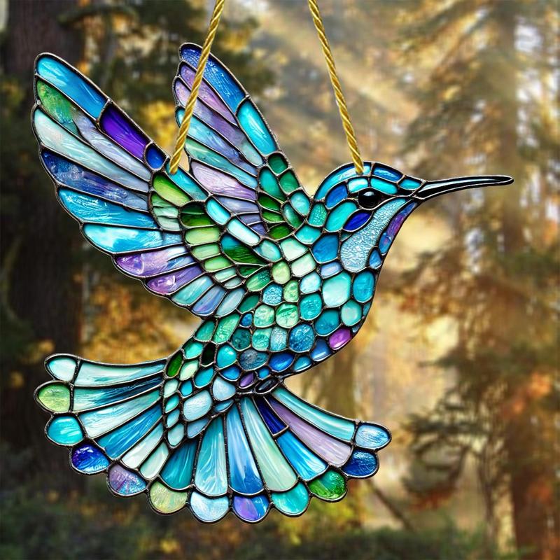 Hummingbird Design Sun Catcher, Colorful Glass Style Acrylic Hanging Ornament, Hanging Decor for Home Living Room Bedroom Window