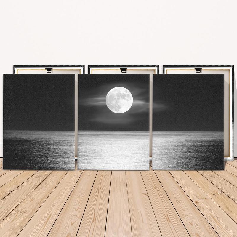 Wooden Framed Canvas Painting, 3 Counts set Natural Moonlight Scenery Canvas Poster,  Modern Wall Art for  Home Office Dormitory Coffee Shop