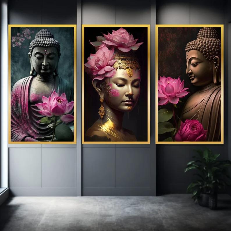 3 SET's Enlightened Serenity: Golden Buddha with Pink Lotus Flower for Spiritual Wall Art Decor