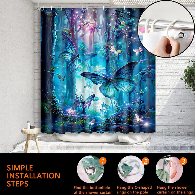 Butterfly & Forest Pattern Bath Curtain, 1 Count Waterproof Shower Curtain with 12pcs Hooks & 1 Count Random Color Strap, Bathroom Decor Supplies for Home Hotel